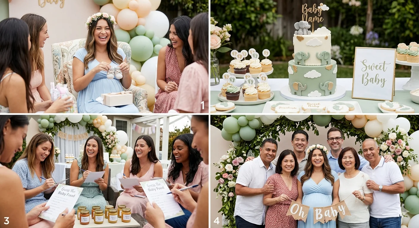 Family members posing with baby shower props during a baby shower photography session, celebrating by Indo Frames.