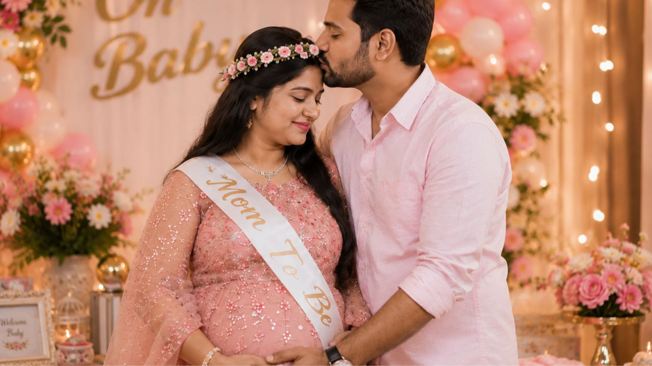 A husband kissing his pregnant wife on the forehead at an indoor baby shower photoshoot by Indo Frames.