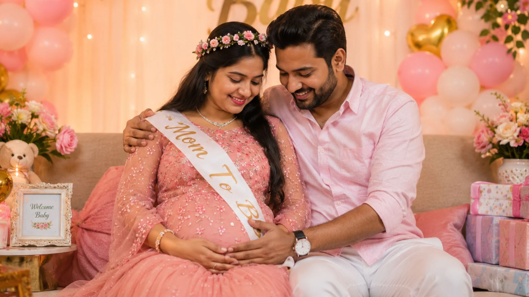 Expectant parents holding her baby bump at a decorated baby shower function captured by Indo Frames.