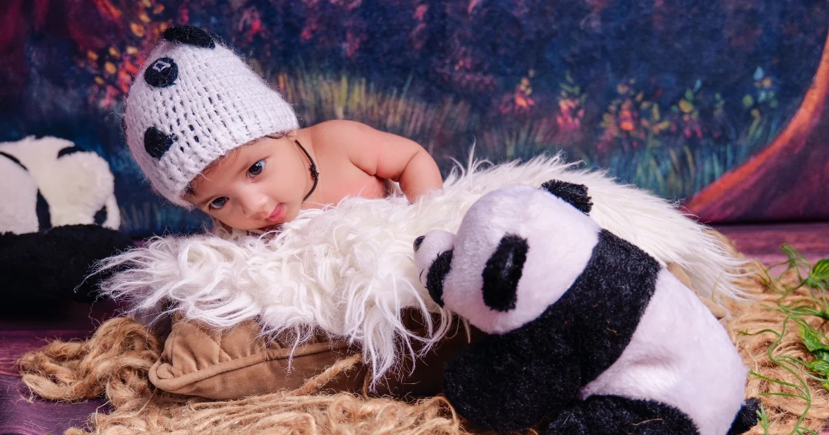 Cute baby photoshoot by Indo Frames with panda theme setup and soft fur props